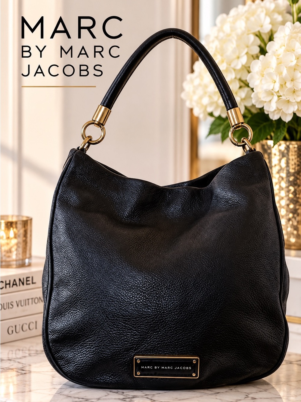 Marc by Marc Jacobs Black Pebbled Leather Hobo Bag Designer Shoulder Purse